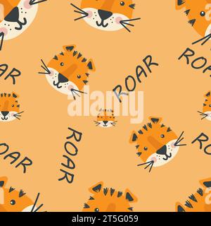 Nahtloses Muster mit Cartoon-Tigern. Vektorabwicklungen. Handzeichnung. Design für Stoff, Textil, Druck, Verpackung Stock Vektor