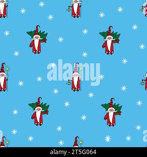 Nahtloses Weihnachtsmuster mit Gnomen, Bäumen und Schneeflocken. Kann für Stoff, Geschenkpapier, Scrapbooking, Textil, Poster, Banner und Sonstiges Stock Vektor