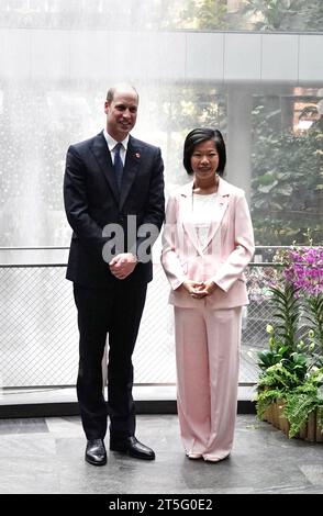 Der Prinz von Wales mit SIM Ann, Senior Minister of State im Außenministerium und im Ministerium für nationale Entwicklung, mit dem weltweit höchsten Indoor-Wasserfall, dem Regenwirbel, als er am Jewel Changi Airport in Singapur ankommt, vor der dritten jährlichen Earthshot Prize-Preisverleihung. Bilddatum: Sonntag, 5. November 2023. Stockfoto