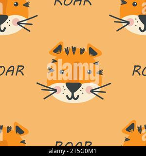 Nahtloses Muster mit Cartoon-Tigern. Vektorabwicklungen. Handzeichnung. Design für Stoff, Textil, Druck, Verpackung Stock Vektor