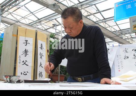 STADT TANGSHAN - 6. FEBRUAR: Der Kalligraf Wang jiang schrieb Kalligraphie, am 6. februar 2014 in der Stadt Tangshan, Provinz Hebei. China. Stockfoto