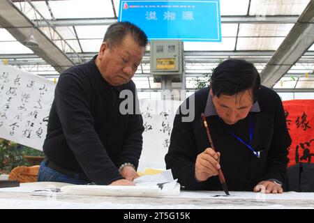 STADT TANGSHAN - 6. FEBRUAR: Der Kalligraf Chen Peiyu und Wang jiang schrieben Kalligrafie, am 6. februar 2014 in der Stadt Tangshan, Provinz Hebei. C Stockfoto