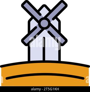 Illustration des Symbols „Mühle“. Ernte Vektorlogos mit Weizenkörnern. Flache Symbole für Landwirtschaft und globale Landwirtschaft. Schild Mühle und Dorf. Stock Vektor