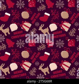 Pixel Art Weihnachten und Happy New Year Muster Stock Vektor