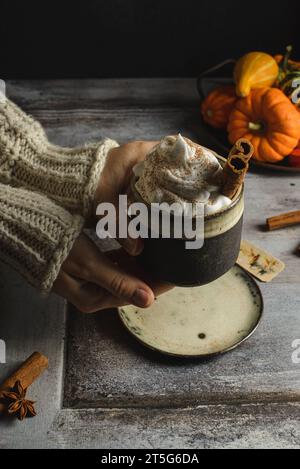 Kürbislatte mit Zimt und Kürbissen. Hochwertige Fotos Stockfoto