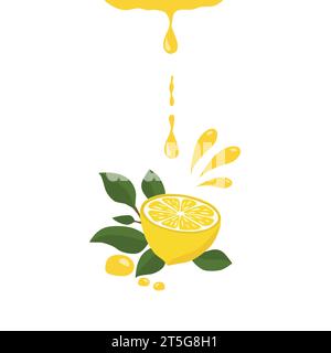 Zitronen- und Zitronenhälften mit einem Zweig und Tropfen Zitronensaft. Eine helle Komposition von Vektorillustration Stock Vektor