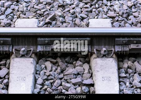 Bruchstück eines Eisenbahngleises mit Stahlschiene und Betonschwellen, die mit Kies bedeckt sind. Stockfoto