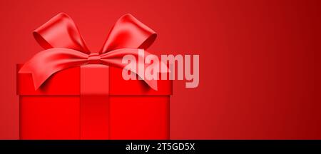 Rote Geschenkbox mit Satinband auf rotem Hintergrund. Geschenkbox Nahaufnahmebanner Vektor-Design. Stock Vektor