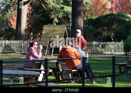 Iver, Buckinghamshire, Großbritannien. November 2023. Es war ein schöner, sonniger Tag im Langley Country Park in Wexham, Buckinghamshire, wo die Leute gerne durch den Park spazieren und radeln und die herbstlichen Farben genießen konnten. Quelle: Maureen McLean/Alamy Live News Stockfoto