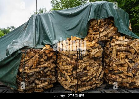 Feuerholz in Säcken auf Paletten verpackt Stockfoto