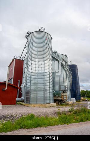 Große, glänzende Metallkornsilos auf einer Farm Stockfoto