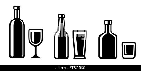Alkohol Getränke Flasche und Glas Symbole. Wein, Bier und Whiskey. Einfache und stilvolle Schwarzweiß-Vektor-Illustration. Stock Vektor