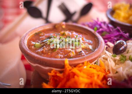 Lebensmittel gebratene Paprika mit Sahne auf einem roten Teller, Salat mit Oliven, Tomaten, Gurken und Fetakäse, Pfeffer, Weißkäse, Soße, Stip, Mazedonien Stockfoto