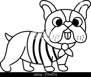 Bulldog in Schal und gestreiftem Hemd. Schwarz-weiße Haustier Vektor-Illustration. Niedliches Symbol oder Ausmalseite für Hundefiguren. Französisches Symbol p Stock Vektor