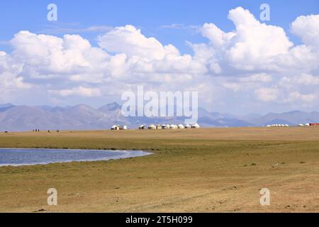 Riesige kirgisische Steppe in der Nähe des Songkol-Sees. Berge im Hintergrund in Kirgisistan Stockfoto