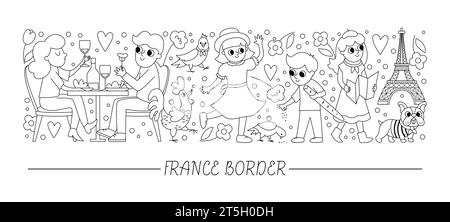 Vektor-schwarz-weiß horizontale Grenze mit Franzosen gesetzt. Frankreich Kartenschablone mit niedlichen Zeichen. Lustige Linienumrandung oder Ausmalseite Stock Vektor