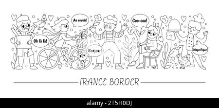 Vektor-schwarz-weiß horizontale Grenze mit Franzosen gesetzt. Frankreich Kartenschablone mit niedlichen Zeichen. Lustige Linienumrandung oder Ausmalseite Stock Vektor