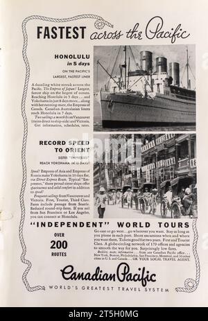 1934 Anzeige für kanadische pazifische Reisesysteme Stockfoto