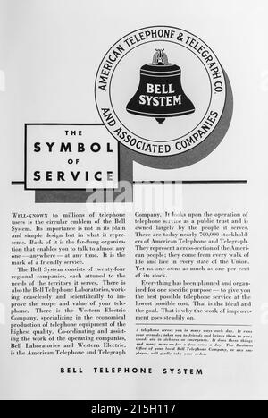 1934 American Telephone and Telegraph Company, Werbespot für Telefonanlagen von Bell. „Das Symbol des Dienstes.“ Stockfoto