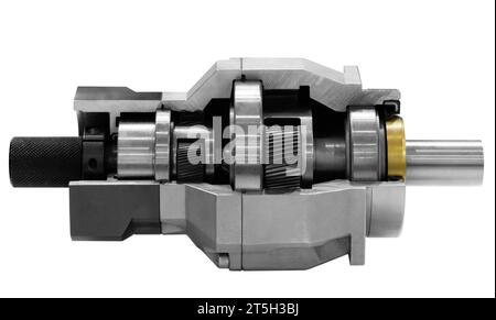 Querschnitt des Untersetzungsgetriebes isoliert auf weiß, Untersetzungsgetriebe Nahaufnahme weiß, Industriekonzept Stockfoto