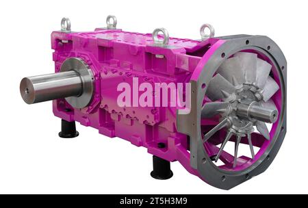 Getriebeuntersetzung isoliert auf weiß, Reduziergetriebe Nahaufnahme auf weiß, Industriekonzept Stockfoto