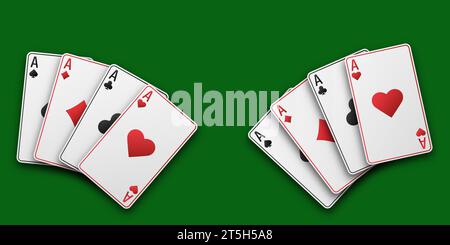Asse mit dem Anzug aus Herzen, Schlägern, Diamanten und Pik. Ein Fan von Karten mit zwei Händen. Vetor-Abbildung. Poker- oder Casino-Konzept. Schwarz spielt Stock Vektor