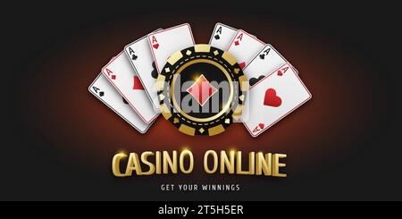 Casino online. Glücksspielmarke mit Diamanten. Concept Poker oder Casino. Realistisches Spielen von Chipmünzen und Spielen von Ass-Karten aller Anzüge. Banner für Stock Vektor