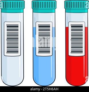 Satz Reagenzgläser mit Strichcode. Leer, mit Flüssigkeit und Blut Stock Vektor