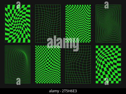 Abstrakte Drahtmodelle, Cyberpunk-Elemente und perspektivische grüne Raster und Kugeln. Surreal geometrisches futuristisches Retro-Set. Psychedelische y2k-Formen. Rave Stock Vektor