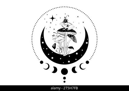 Spiritueller heiliger Frosch über Zauberpilz im Hexenmond. Mystische Himmelskröte mit Mondphasen und Sternen. Hexenpilz-Logo Stock Vektor