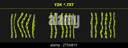 Sammlung psychedelische geschriebene Wörter - GO RAVE. Psychedelische Retro-futuristische Satzworte. Surreale geometrische Formen auf Wörtern, abstraktes Cyberpunk-Wirefram Stock Vektor