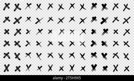 X-Black Mark-Vektorsatz-Sammlung. Symbol für Kreuzzeichen aus Pinselstrichen. Handgezeichnete Kritzeleien, gekreuzte Pinselstriche. Grunge Set X. Set schwarz Stock Vektor