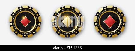 Diamanten-Anzug-Chips. Gold und Rot und Poker-Chips. Spielmarken mit Anzügen für Poker, Casino und Roulette. Vektordarstellung. Für das Spiel Stock Vektor