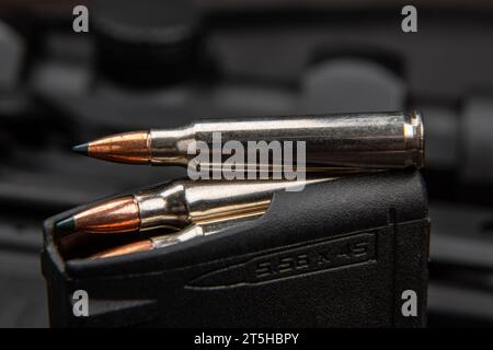 Nahaufnahme von .223 Karabinkartuschen. Geladener Waffenclip. Waffen im Hintergrund. Stockfoto