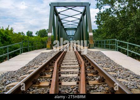 Eisenbahnbrücke über den Fluss Tisza bei Algyo in Ungarn. Die Schrift: Die Brücke zu überqueren ist verboten und gefährlich Stockfoto