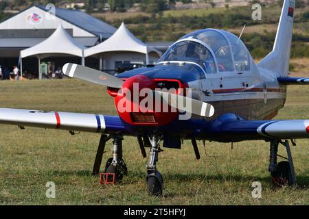 16. September 2023, Skopje, Mazedonien, Stenkovec Sports Airport. Die Trainingsflugzeuge der serbischen Luftwaffe, Utva, Lasta Stockfoto