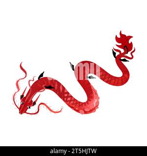 Roter chinesischer Drache. Monster. Märchenhafter Charakter. Isolierte Aquarellillustration auf weißem Hintergrund Stockfoto