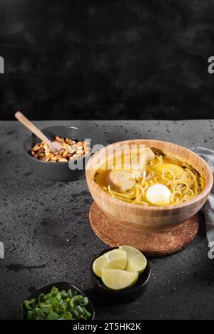 Typisches peruanisches Gericht, bekannt als Hühnersuppe, in einer Holzschale mit Zitrone und Schnittlauch. Stockfoto