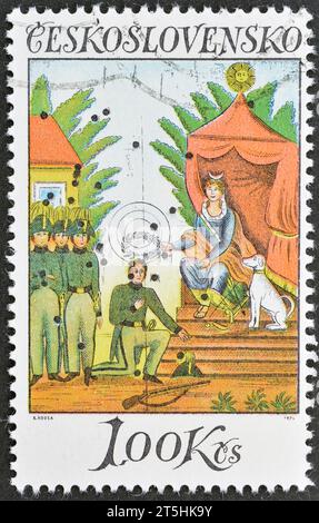 Von der Tschechoslowakei gedruckte Briefmarke, die Diana Krönung Champion Schützen (1832), Schießziele, ca. 1974 zeigt. Stockfoto