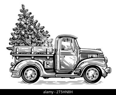 Handgezeichneter Weihnachts-Retro-Truck mit Kiefer im Skizzenstil. Vintage-Illustration für frohe Feiertage Stockfoto