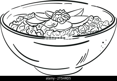 Haferflocken-Schüssel, Haferflocken-Vektor-Illustration. Müsli Skizze, gesundes Frühstück - Müsli Flocken mit Apfel und Nuss. Haferflocken im Vintage-Stil Stock Vektor