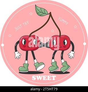 Label mit lustigen Retro Groovy Cartoon Hippie Berry Charakteren. Komische Kirschen, die sich umarmen. Grooviger Sommer-Vektor-Aufkleber. 90er Jahre Sweet Juicy Fresh Stock Vektor
