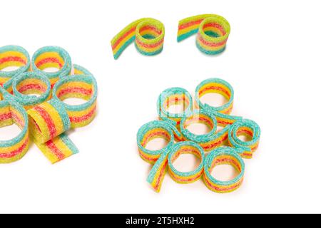 Bunte Gummibonbons. Draufsicht. Isoliert auf weißem Hintergrund. Stockfoto