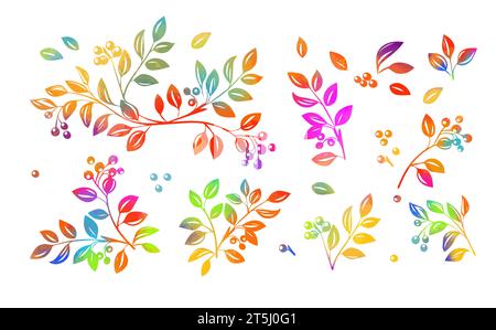 Set farbiger Zweige mit Blättern und Beeren. Handzeichnung. Nicht AI, Vektorillustration Stock Vektor