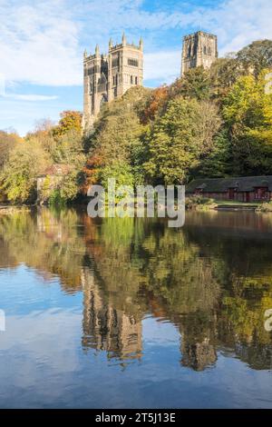 Die Kathedrale von Durham spiegelt sich im Herbst in den Flusskleidung, Durham City, England, Großbritannien Stockfoto