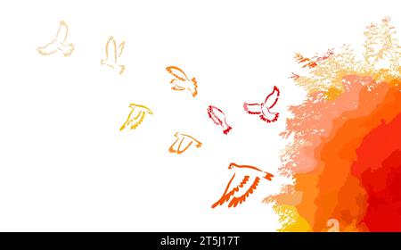 Herbst, Zugvögel und Bäume. Handzeichnung. Nicht AI, Vektorillustration Stock Vektor