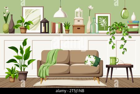 Wohnzimmereinrichtung mit weißen Wandpaneelen, einem Sofa, einem Tisch, Bildern, Büchern, und Zimmerpflanzen. Gemütliches Wohnzimmerdesign. Cartoon-Vektor illus Stock Vektor
