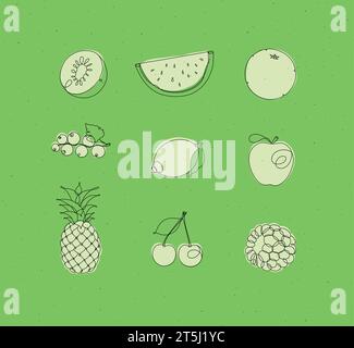 Obst Ikonen Kiwi, Wassermelone, Orange, Johannisbeere, Zitrone, apfel, Ananas, Kirsche, Himbeeren zeichnen in linearer Form auf grünem Hintergrund Stock Vektor