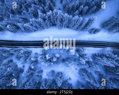 Aerial view of mountain road in fairy forest in snow in winter Stockfoto