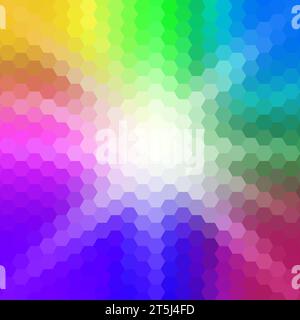 Abstract von farbigen Pulverexplosionen auf weißem Hintergrund. Mehrfarbiger Pulverisolat. Bunte Wolke. Mehrfarbiger Staub explodiert. Sechsecke verzagen Stockfoto